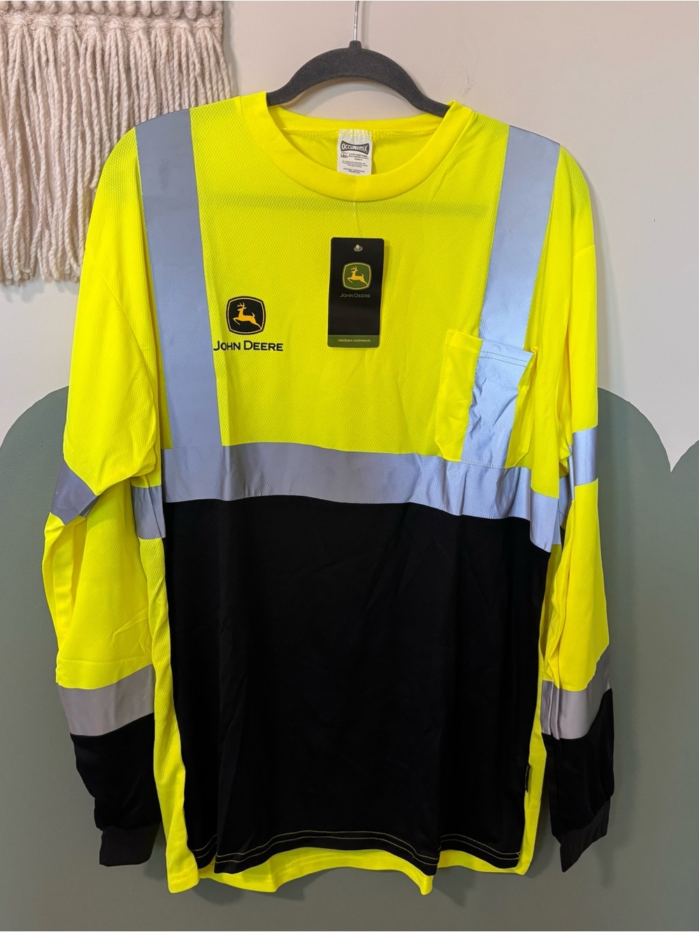 John Deere Hi-Vis Yellow and Black Long Sleeve Safety Shirt with Reflective Tape